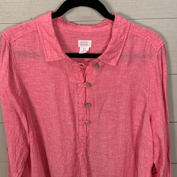 Sigrid Olsen 100% linen pink Henley button top long sleeve size 1X natural - Picture 2 of 7